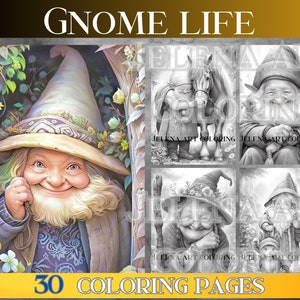 Peut inclure: Un ensemble de 30 pages à colorier représentant des gnomes fantasques dans différentes scènes. Les gnomes sont représentés en noir et blanc, prêts à être coloriés. Le titre "GNOME LIFE" est affiché en haut de l'image.
