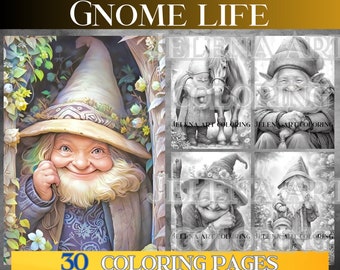 Gnomes Life, Grayscale Coloring Book adult.  Whimsical World of Gnomes.  Instant PDF Download