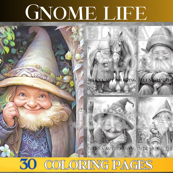 Gnomes Life, Grayscale Coloring Book adult.  Whimsical World of Gnomes.  Instant PDF Download