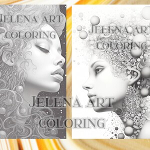 May include: Two grayscale illustrations of women's faces. The left image features a woman with curly hair and closed eyes, with the text "JELENA ART COLORING". The right image shows a woman with intricate designs around her head, also with the text "JELENA ART COLORING".