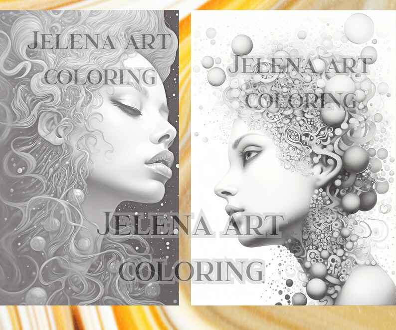 May include: Two grayscale illustrations of women's faces. The left image features a woman with curly hair and closed eyes, with the text "JELENA ART COLORING". The right image shows a woman with intricate designs around her head, also with the text "JELENA ART COLORING".