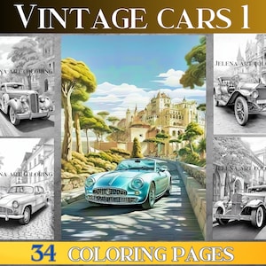 Vintage Cars 1 - Grayscale Coloring Book adult. 34 Grayscale coloring pages adult. Printable Coloring Book | Instant PDF Download