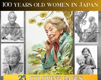 Grayscale Coloring Book for Adults - Centenarian Japanese Women, Beautiful grayscale Coloring pages HD. Japan art Coloring pages