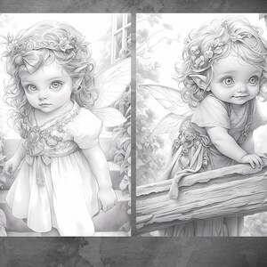 May include: Two black and white illustrations of fairies. The first fairy is wearing a dress and a crown of flowers. The second fairy is wearing a dress and is climbing a tree branch.