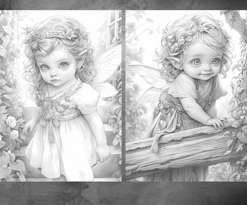 May include: Two black and white illustrations of fairies. The first fairy is wearing a dress and a crown of flowers. The second fairy is wearing a dress and is climbing a tree branch.