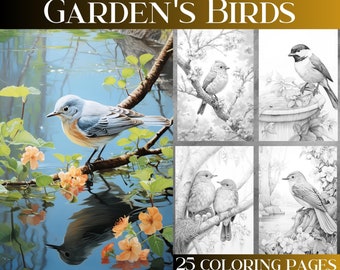 Op de afbeelding: Een kleurboek met 25 pagina's vol illustraties van vogels in een tuinsetting. De omslag toont een blauwe vogel die op een tak zit met bloemen en een reflectie in het water eronder. De titel "GARDEN'S BIRDS" staat bovenaan de omslag.