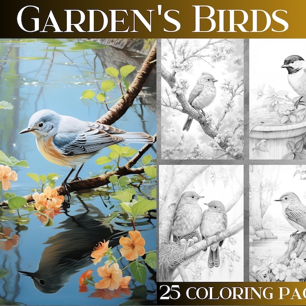 Cute Garden Birds Grayscale Coloring Book for Adults - Set of 25. Instant Download HD PDF Book. Grayscale adult Printable Coloring Pages.