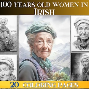 Grayscale Coloring Book for Adults - Centenarian Irish Women, Beautiful grayscale Coloring pages HD. Irish art Coloring pages