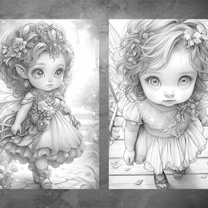 May include: Two black and white illustrations of fairies. The first fairy is wearing a dress and wings and is walking on a path. The second fairy is wearing a dress and is standing on a wooden bridge.