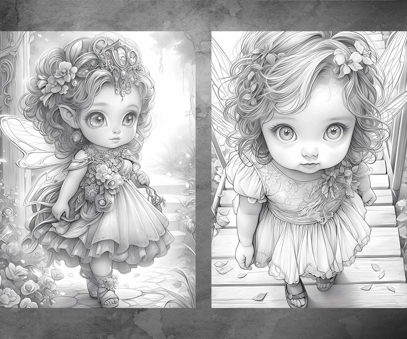 May include: Two black and white illustrations of fairies. The first fairy is wearing a dress and wings and is walking on a path. The second fairy is wearing a dress and is standing on a wooden bridge.