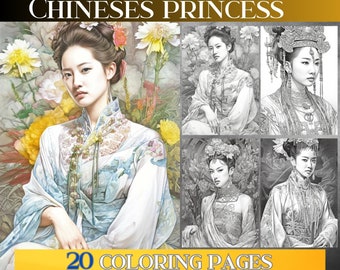10 chineses princess grayscale coloring book, Grayscale Coloring Pages | adult color pages, chinese women coloring Illustration, Printable