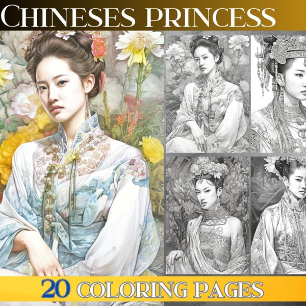 10 chineses princess grayscale coloring book, Grayscale Coloring Pages | adult color pages, chinese women coloring Illustration, Printable