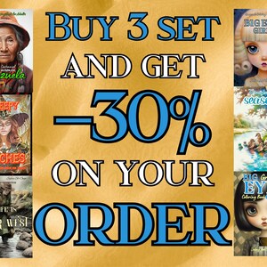 May include: Buy 3 sets of coloring books and get 30% off your order. The image shows a variety of coloring books with different themes, including creepy witches, big eyes girls, and life in the far west.