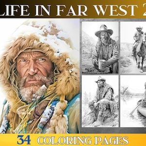 Grayscale coloring book adult, Life in far west 2. 34 adult coloring page. Grayscale printable adult coloring book.Digital coloring adult