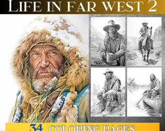 Grayscale coloring book adult, Life in far west 2. 34 adult coloring page. Grayscale printable adult coloring book.Digital coloring adult