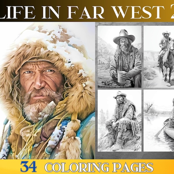 Grayscale coloring book adult, Life in far west 2. 34 adult coloring page. Grayscale printable adult coloring book.Digital coloring adult