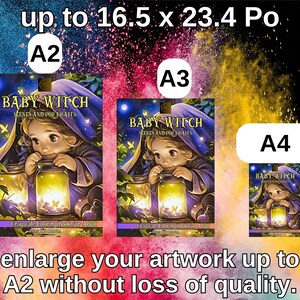 May include: Three coloring books with a baby witch illustration on the cover. The books are labeled "Baby Witch Scenes and Pop Fraits" and are available in A2, A3, and A4 sizes. The text "enlarge your artwork up to A2 without loss of quality" is at the bottom of the image.