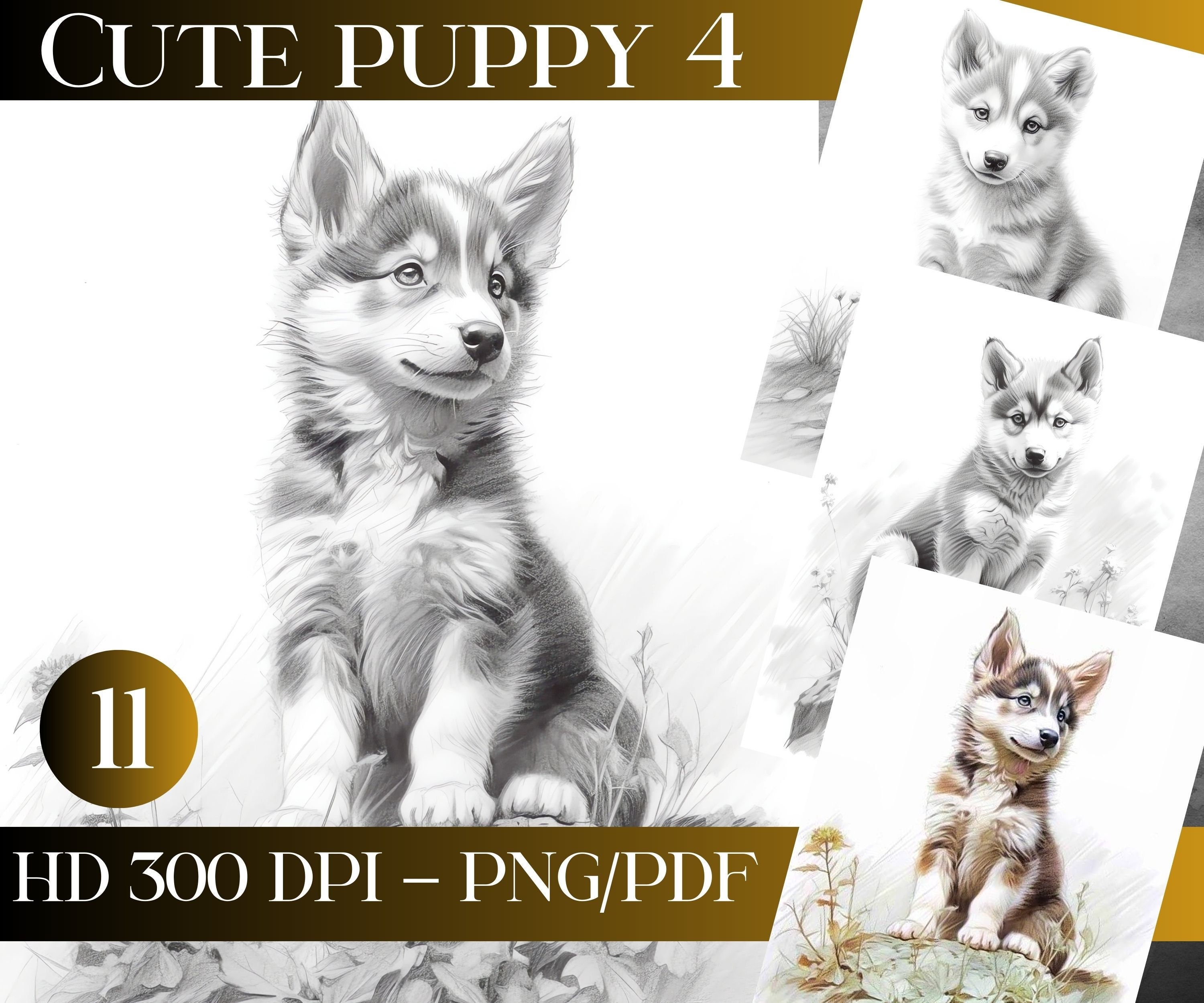 Cute Husky Puppy dog coloring pages | HD 300 Dpi A4 | PNG-PDF | 11 Printable grayscale Adult Coloring pages | Adorable Dog Art | Unique