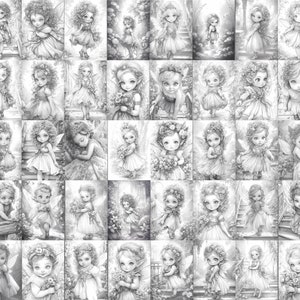 May include: A collection of 36 black and white illustrations of fairies with wings, flowers, and other nature-inspired details. The fairies are depicted in various poses, some standing, some sitting, and some flying.
