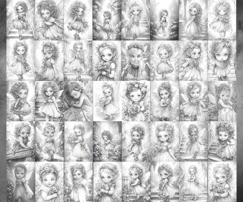 May include: A collection of 36 black and white illustrations of fairies with wings, flowers, and other nature-inspired details. The fairies are depicted in various poses, some standing, some sitting, and some flying.