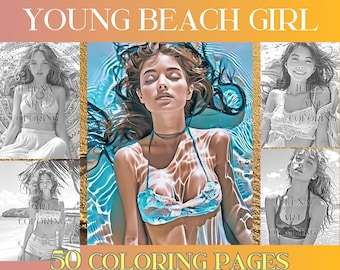 Young Beach Girl - 50 Grayscale Portraits, Digital Coloring Book, A4 Instant Download