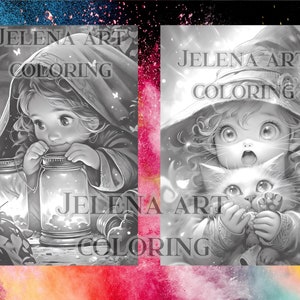 May include: Two black and white coloring pages featuring young girls. The first page shows a girl with a hood holding a jar with fireflies. The second page shows a girl with a witch's hat holding a cat. Both pages have the text "Jelena Art Coloring" at the top.