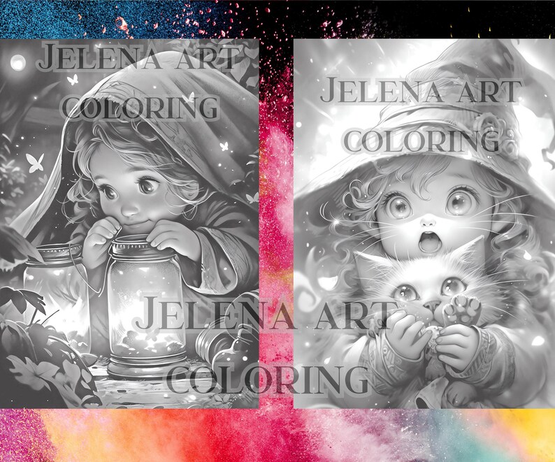 May include: Two black and white coloring pages featuring young girls. The first page shows a girl with a hood holding a jar with fireflies. The second page shows a girl with a witch's hat holding a cat. Both pages have the text "Jelena Art Coloring" at the top.