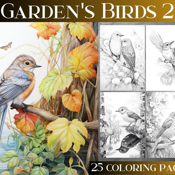 Cute Garden Birds 2 Grayscale Coloring Book for Adults - Set of 28. Instant Download HD PDF Book. Grayscale adult Printable Coloring Pages.