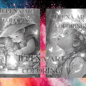 May include: Two black and white coloring pages featuring young girls with long hair. The girl on the left is holding a jar with a glowing light inside. The girl on the right is looking up at the sky. Both images have the text "Jelena Art Coloring" at the top.
