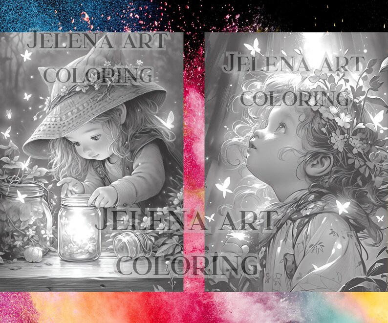 May include: Two black and white coloring pages featuring young girls with long hair. The girl on the left is holding a jar with a glowing light inside. The girl on the right is looking up at the sky. Both images have the text "Jelena Art Coloring" at the top.
