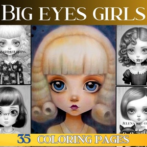 BIG EYES, Grayscale coloring book of girls with cute big eyes, PDF instant download. Fantasy art work.