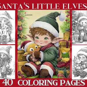 Peut inclure: Une couverture de livre de coloriage présentant une collection de 40 pages à colorier avec des illustrations d'elfes. La couverture présente un jeune elfe tenant un petit animal, entouré de cadeaux et d'un sapin de Noël. Le titre du livre est "Santa's Little Elves 2".