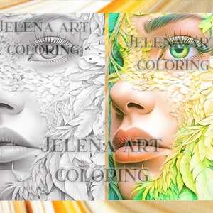 May include: A split image featuring a woman's face, one side in grayscale and the other in color. The color side has green eyes and is surrounded by green leaves. The text "JELENA ART COLORING" is visible.