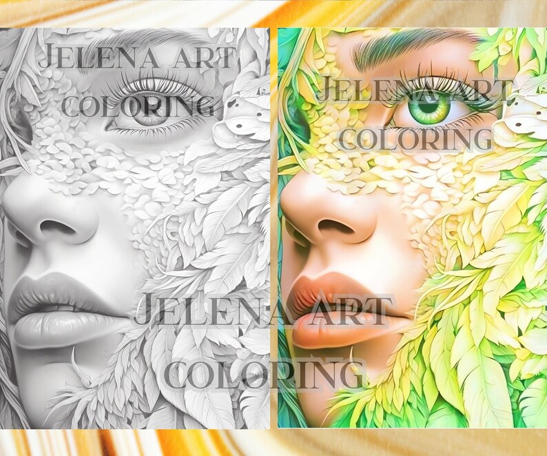 May include: A split image featuring a woman's face, one side in grayscale and the other in color. The color side has green eyes and is surrounded by green leaves. The text "JELENA ART COLORING" is visible.