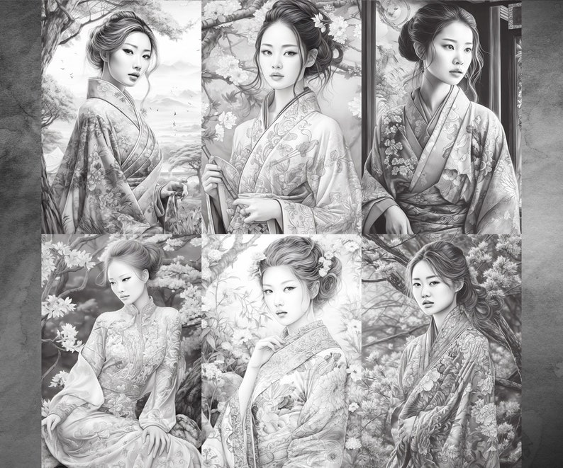 20 Grayscale Adult Coloring Pages of Beautiful Japanese - Etsy