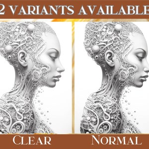 May include: Two side-profile portraits of a woman with intricate white patterns on her head and neck. The text "2 VARIANTS AVAILABLE" is at the top. The word "CLEAR" is below the left portrait, and "NORMAL" is below the right portrait.