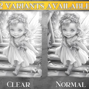 May include: Two black and white illustrations of a fairy with wings, a flower crown, and a dress walking down a set of stairs. The text "CLEAR" and "NORMAL" are below the images.