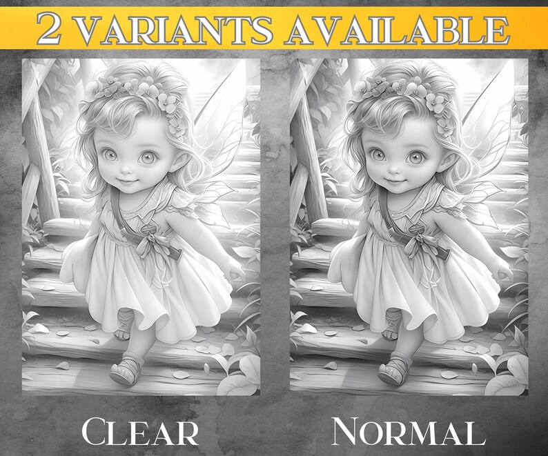 May include: Two black and white illustrations of a fairy with wings, a flower crown, and a dress walking down a set of stairs. The text "CLEAR" and "NORMAL" are below the images.