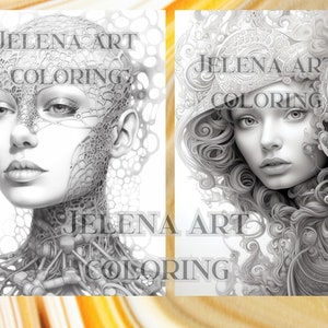 May include: Two black and white illustrations of women's faces. The left image features a woman with a detailed, mechanical-like design on her face and neck. The right image shows a woman with flowing hair and a decorative headpiece. The text "JELENA ART COLORING" is overlaid on both images.