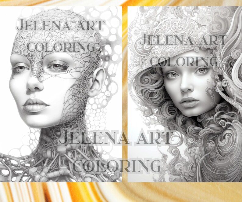 May include: Two black and white illustrations of women's faces. The left image features a woman with a detailed, mechanical-like design on her face and neck. The right image shows a woman with flowing hair and a decorative headpiece. The text "JELENA ART COLORING" is overlaid on both images.