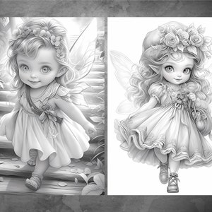 May include: A black and white illustration of two fairies with wings, wearing dresses and floral headbands. One fairy is walking up a set of stairs, while the other is walking on a flat surface.