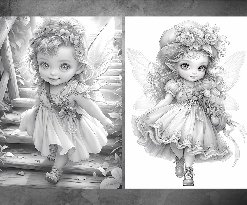 May include: A black and white illustration of two fairies with wings, wearing dresses and floral headbands. One fairy is walking up a set of stairs, while the other is walking on a flat surface.