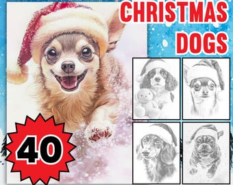 Christmas Dogs Coloring Book: 40 Greyscale Illustrations (Ready-to-Print PDF)