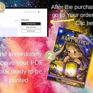 May include: A digital illustration of a baby witch with a purple hooded cloak holding a jar with glowing lights. The text "BABY WITCH SCENES AND PORTRAITS" is above the image. The text "Grayscale Coloring Book for Adult" is below the image. The image is on a colorful background with the numbers 1 and 2 in circles.