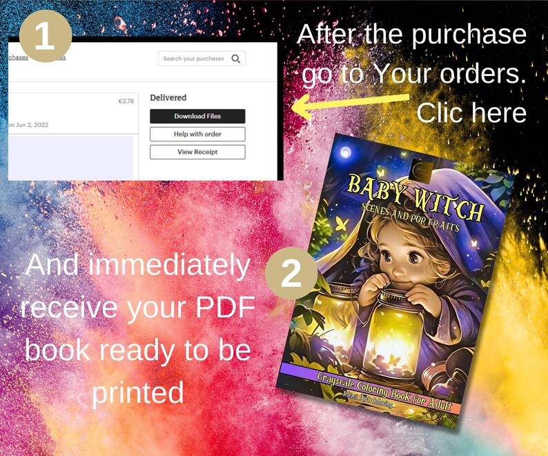 May include: A digital illustration of a baby witch with a purple hooded cloak holding a jar with glowing lights. The text "BABY WITCH SCENES AND PORTRAITS" is above the image. The text "Grayscale Coloring Book for Adult" is below the image. The image is on a colorful background with the numbers 1 and 2 in circles.