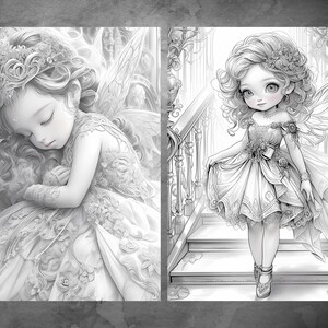 May include: Two black and white illustrations of fairies. The first fairy is sleeping with her wings spread out behind her. The second fairy is standing on a staircase with her wings spread out behind her.