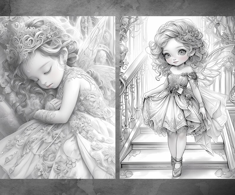 May include: Two black and white illustrations of fairies. The first fairy is sleeping with her wings spread out behind her. The second fairy is standing on a staircase with her wings spread out behind her.