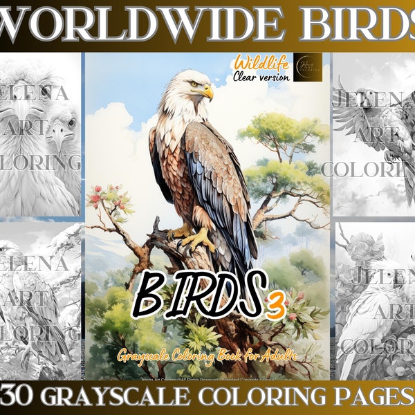Worldwide Birds Grayscale Coloring Book for Adults. 30 Instant Digital coloring pages Collection. An perfect relaxing coloring experience