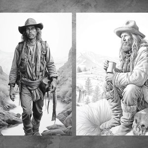 Grayscale coloring book adult, Life in far west 2. 34 adult coloring page. Grayscale printable adult coloring book.Digital coloring adult image 8