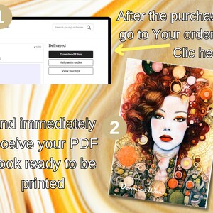 May include: An artistic illustration of a woman with red lips and curly red hair, surrounded by colorful orbs and geometric shapes. The image is labeled "Veronica Won". Instructions are provided to download a PDF book after purchase.